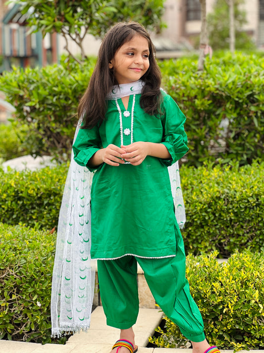 Girls' Green Independence Day Dress – Traditional Style with Dupatta