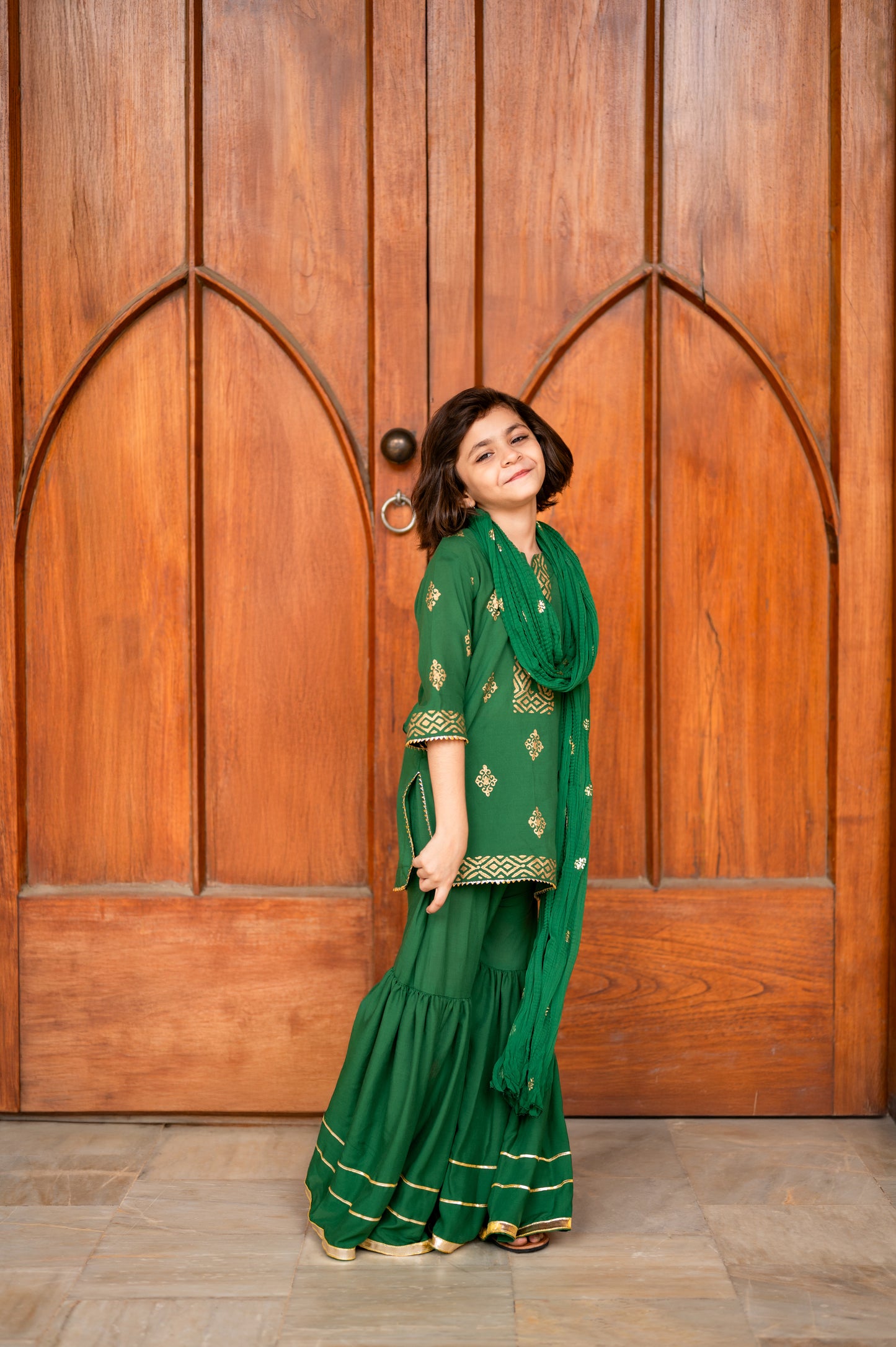 Block printed Kurti with gota laced Gharara Set - 2pc