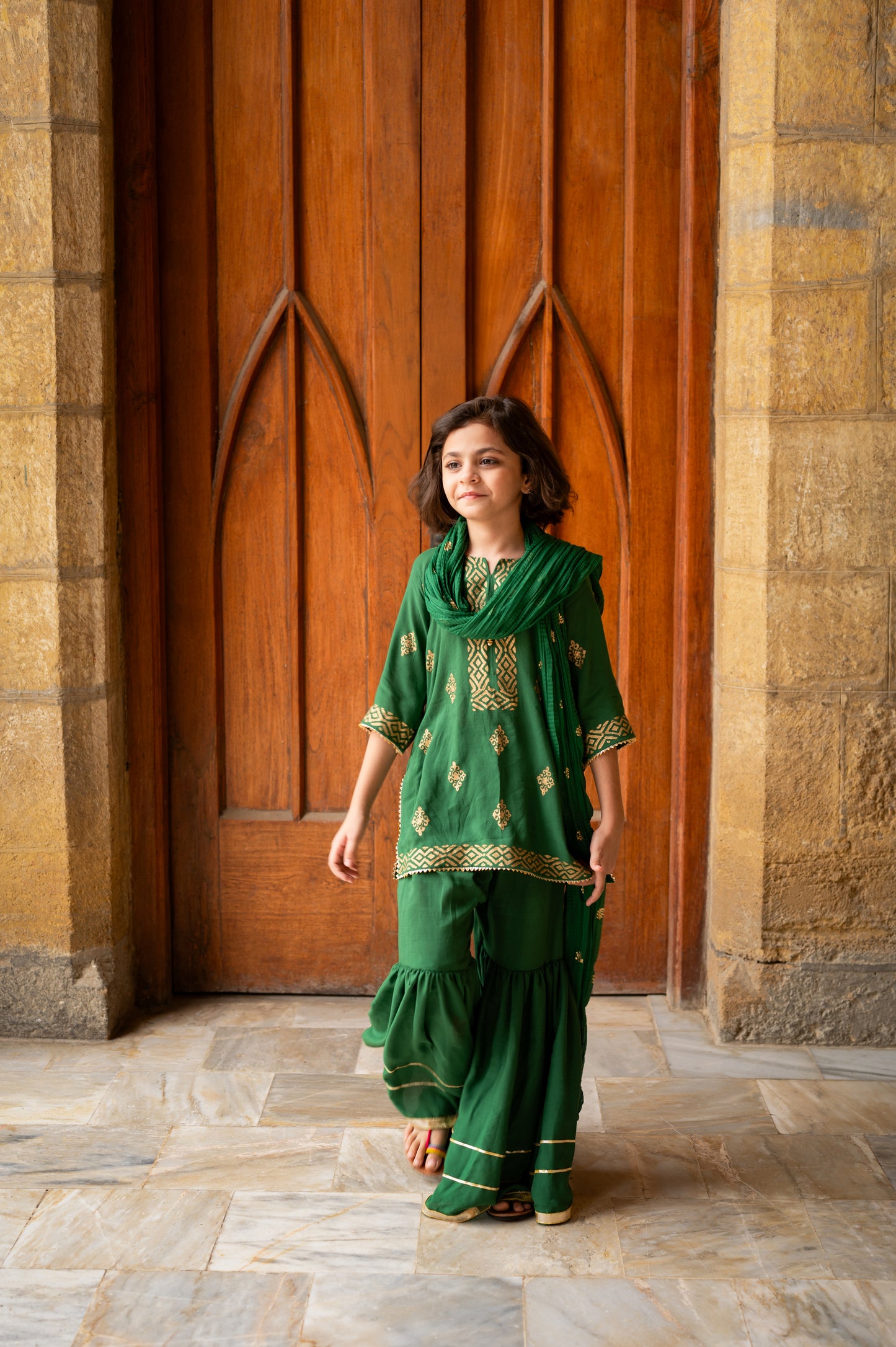 Block printed Kurti with gota laced Gharara Set - 2pc